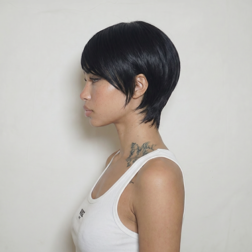 WIGZ 22 - Side profile view of layered STRAIGHT OFF BLACK virgin hair wig with WIGZ LAB CAP™.