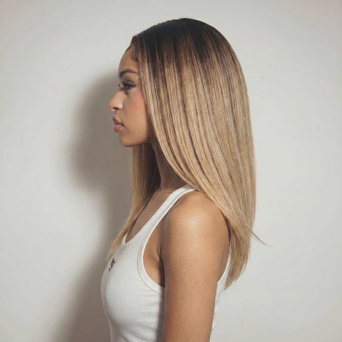 WIGZ 25 - Side profile view of layered STRAIGHT ESPRESSO TO HONEY virgin hair wig with WIGZ LAB CAP™.