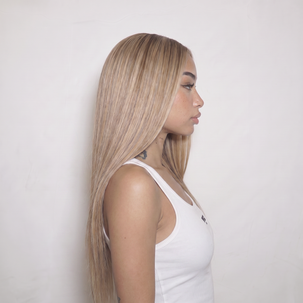 WIGZ 40 - Side profile view of layered STRAIGHT BALAYAGE BLONDE virgin hair wig with WIGZ LAB CAP™.