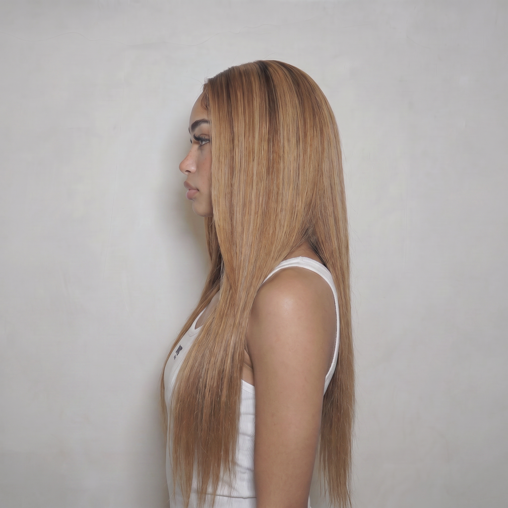 WIGZ 41 - Side profile view of layered STRAIGHT WARM GINGER BLONDE virgin hair wig with WIGZ LAB CAP™.