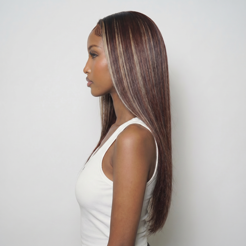 WIGZ 42 - Side profile view of layered STRAIGHT DEEP MAHOGANY BALAYAGE virgin hair wig with WIGZ LAB CAP™.