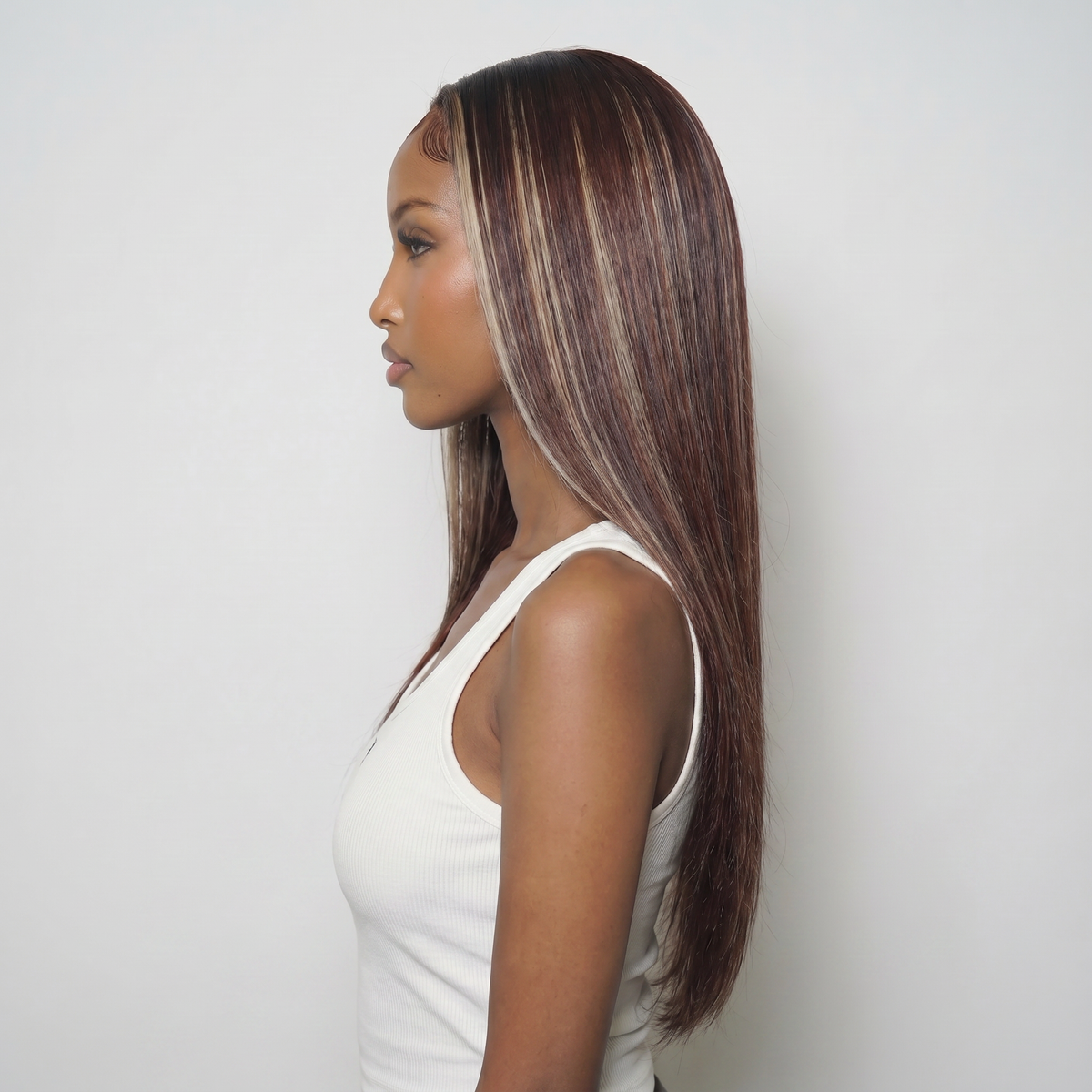 WIGZ 42 - Side profile view of layered STRAIGHT DEEP MAHOGANY BALAYAGE virgin hair wig with WIGZ LAB CAP™.
