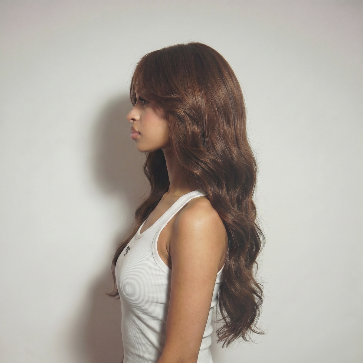 WIGZ 27 - Side profile view of layered WAVY ESPRESSO virgin hair wig with WIGZ LAB CAP™.