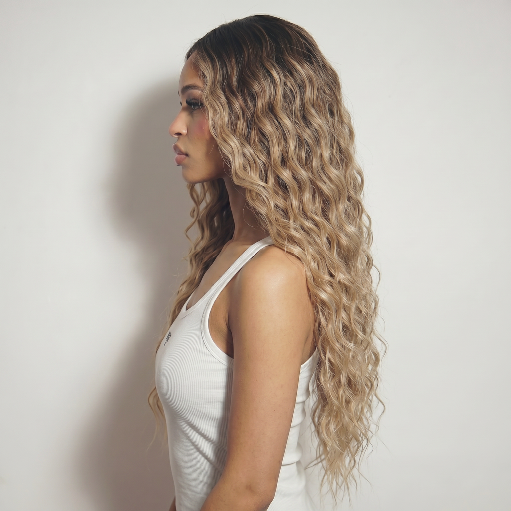 WIGZ 38 - Side profile view of layered WAVY BALAYAGE DARK BROWN TO BLONDE virgin hair wig with WIGZ LAB CAP™.